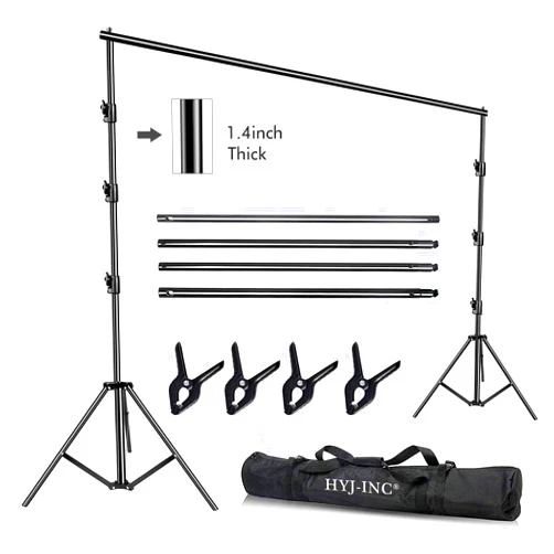 HYJ-INC 10 x 10Ft Photo Video Studio Heavy Duty Adjustable Muslin Backdrop Stand Background Support System Kit for Photography with Carrying Bag，4 Pcs Spring Clamps