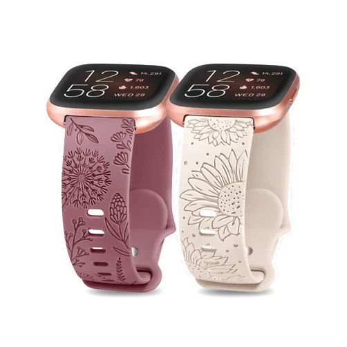 Minyee 2 Packs Floral Engraved Band Compatible with Fitbit Versa 2/Fitbit Versa/Versa Lite Bands Women, Cute Soft Silicone Sunflower Dandelion Sport Designer Fancy Summer Strap for Versa 2 Smart Watch