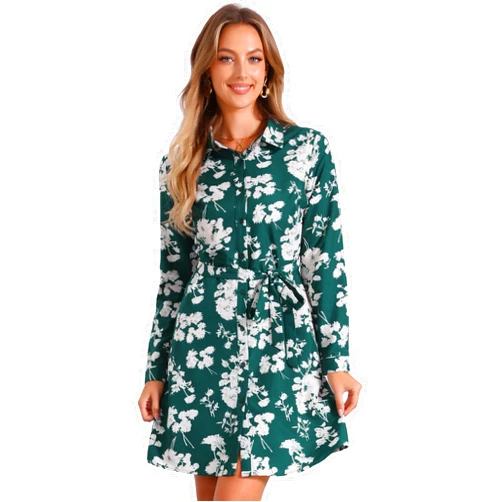 Allegra K Women's Button Down Vintage Polka Dots Dresses Collar Tie Belted Shirt Dress