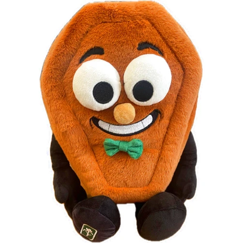 Titan Casket Mort Plushie - Adorable Casket-Shaped Plush Toy with Charming Green Bow Tie & Expressive Features