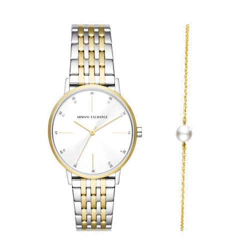A｜X Armani Exchange Women's Silver and Gold Two-Tone Stainless Steel Bracelet Watch and Gold Bracelet Gift Set (Model: AX7156SET)