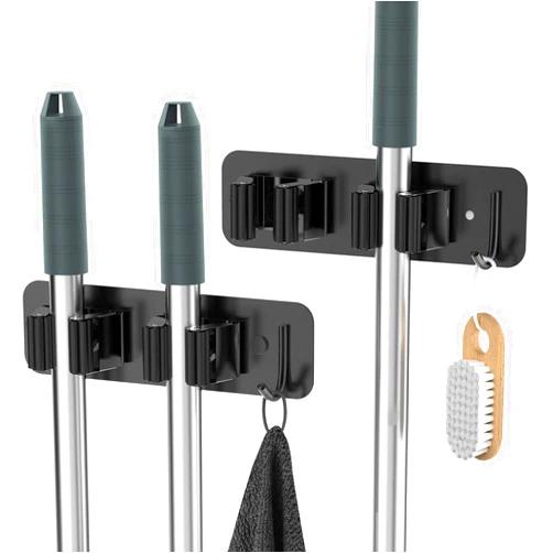 Homeasy Mop Broom Holder Wall Mounted SUS304 Stainless Steel, HOMEASY Mop Broom Organizer with 2 Installation Methods (No Drilling & Screw Drilling Installation 2 In 1), Mop Hanger Heavy Duty with Hooks, 2PCS