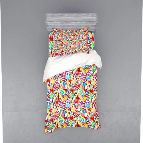 Ambesonne Candy Cane Bedding Set, Bonbons Lollipops Sugary Treats Sweeties Colorful Pile for Occasions, 3 Piece Duvet Cover Set with Sham and Fitted Sheet, Twin XL Size, Multicolor