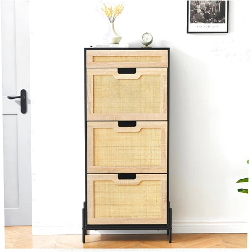 Homhougo Shoe Cabinet, Rattan Shoe Cabinet with 3 Flip Drawers, Hidden Shoe Organizer for Entryway or Hallway with Metal Legs, Narrow Shoe Rack Cabinet with 3-Gear Adjustable Drawers, Blcak