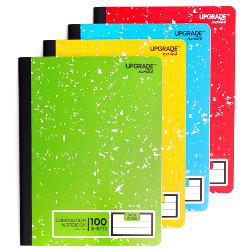 UPGRADE NOTES Composition Notebooks, Wide-Ruled Paper, Resists Ink Bleed-Through, 100 Sheets, Size 9.75” x 7.5”. Marble Colors: Blue, Red, Green, and Yellow; 4-pack