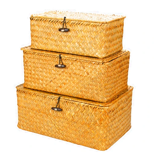 Yesland Shelf Baskets with Lid Set of 3, Handwoven Seagrass Storage Bins Box Rectangular Seagrass Basket Storage Organizer Wicker Basket for Shelf