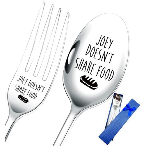 HSSPIRITZ 2 Pieces Joey Doesn't Share Food Funny Engraved Stainless Spoon Fork Set,Friends Tv Show Merchandise,Kitchen Dinner Spoop and Fork for Women, Men, Friends, Sister Birthday Christmas Gifts