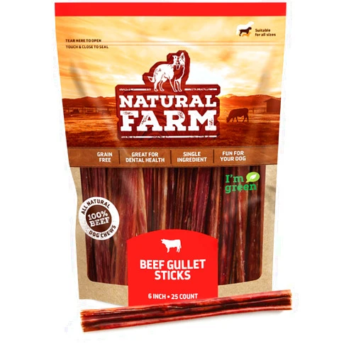Natural Farm Gullet Sticks (6 Inch, 25 Pack), Grain-Free, Preservative-Free & Fully Digestible Beef Esophagus – Gentle Yet Effective Fun - Best for Light, Pups & Senior Chewers