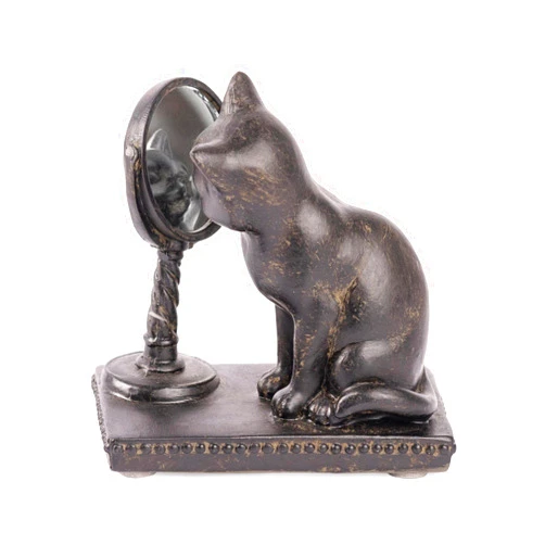 Young's Inc. Cat Figurine - Cute Cat Statue - Whimsical Cat Decor for Cat Lovers - Cat Collectibles and Meditation Decor - Cat with Mirror - 4'' L X 2'' W X 4'' H