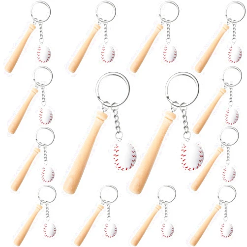 Hicarer 16 Pieces Mini Baseball Keychain with Wooden Bat for Sports Theme Party Team Souvenir Athletes Rewards Party Favors