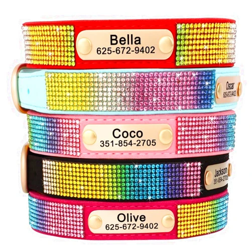 KINYABLUE Personalized Dog Collars, Soft Velvet Bling Dog Collar, Colorful Rhinestone Custom Dog Collar with Name Plate, Cute Girl Dog Collars for Small Dogs Female, Pink, S(10-12