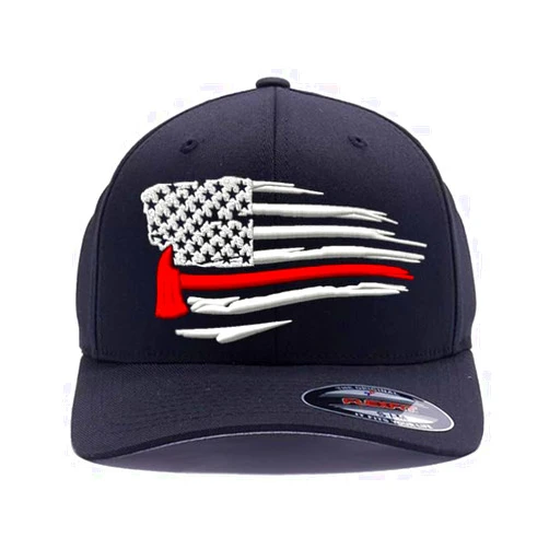 GNB CUSTOM EMBROIDERY LLC Thin Red Line Fire Department Distressed American Flag with Firefighter Axe Embroidered. 6477/6277 Flex Fitted Baseball Hat