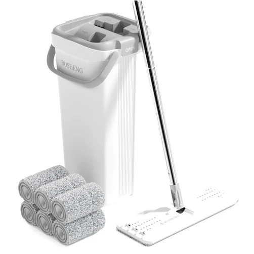 BOSHENG Mop and Bucket with Wringer Set, Flat Floor Mop and Bucket for Home, Includes 6 Reusable Microfiber Pads, Ideal for Home, Floor, and Wall Cleaning