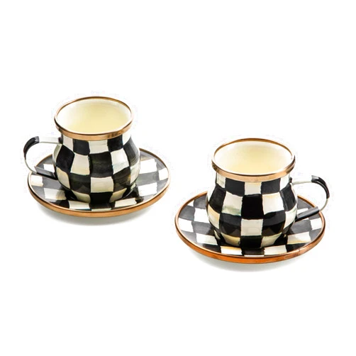MACKENZIE-CHILDS Espresso Cup and Saucer Set, Cute Small Coffee Cups and Saucers, Set of 2, Black-and-White Courtly Check