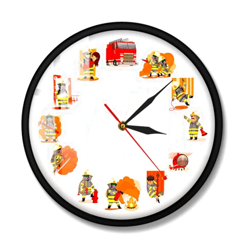 Tingnn Fireman at Work Fire & Rescue Wall Art Fire Department Decor Wall Clock Comic Style Firefighter Team Printed Modern Wall Clock-Metal_Frame_with_Acrylic_Glass