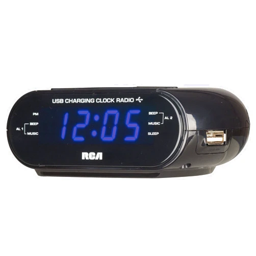 RCA USB Charging Clock Radio, .6” Blue LED Display, Brightness Display, FM Radio with Presets, Dual Wake, Sleep Timer, and Snooze Functions