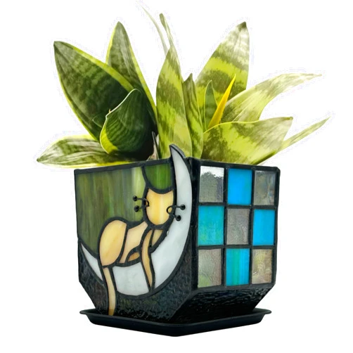 Entlityful Tiffany Stained Glass Fun Moon Sleeping Cat Planter，Cactus Planter，Cute Planters for Indoor Plants,Decorative Flower Pots As Gifts for Cat Lovers，4.6x3x5.15 in