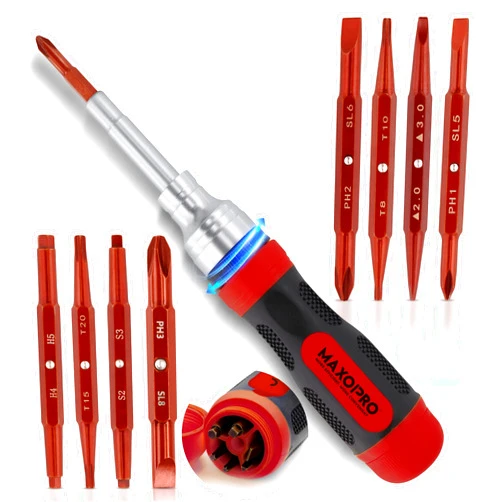 MaxoPro Ratcheting Screwdriver Set with Magnetic Tips - 19 In 1 Ratchet Multi Screwdriver - Portable and Multipurpose All In One Screwdriver, Phillips//Torx-Star/Hex/Square Bits