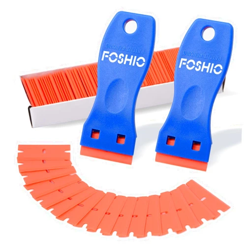 FOSHIO Plastic Razor Blade Scraper Include 2PCS Scraper Tool and 100PCS Blades for Gasket Remover, Labels Decal and Adhesive Remover for Windows and Glass,Blue