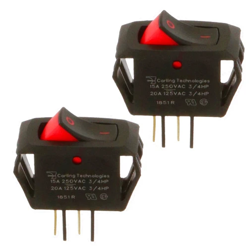 Carling Technologies Super Curvette Rocker Switch RSCA201-VB-B-9-V | SPST ON-Off | 15A 250VAC / 20A 125VAC | Black/Red Actuator | Pack of 2