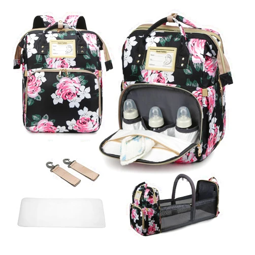 GurZinn Diaper Bag Backpack Waterproof Baby Bag Large Capacity Multifunction Nappy Bags Floral Insulated Durable Travel Maternity Back Pack with Changing Station for Baby （Black）