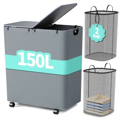 Yecaye 150L Laundry Hamper with Wheels, Rolling Laundry Basket with Lid and 2 Removable Laundry Bag, Large Capacity Clothes Hampers for Laundry, Bedroom, Bathroom, Dorm, Laundry Room, Grey