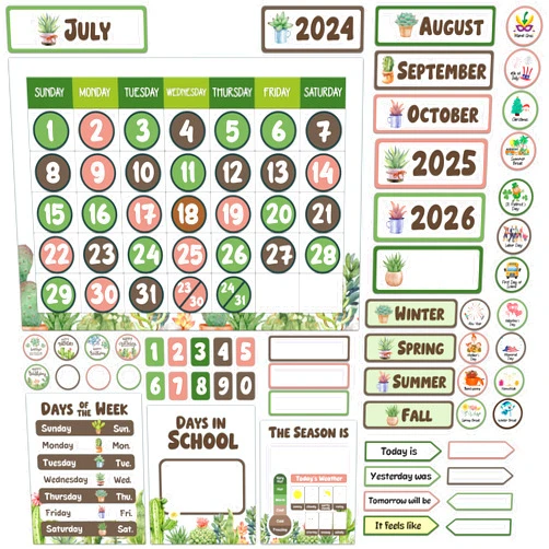 Decorably 137 Pcs Cutouts Inspirational Cactus Calendar for Classroom Bulletin Board Set - Gloss-Laminated Cardstock for School Hallways, Study Room
