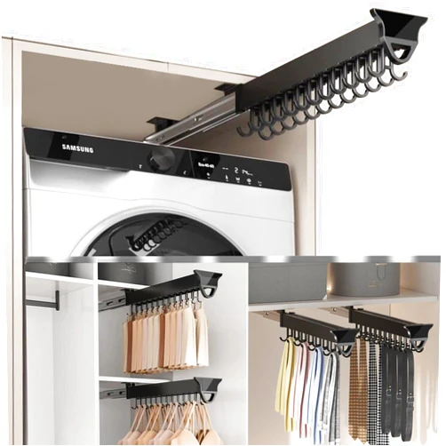 FKKPRVAX Pull Out Clothes Hanger Rail for Closet Adjustable Heavy Duty Aluminum Alloy Clothes Storage Hanger Rack Bar for Pants with Double Row of Hooks Extendable Wardrobe Sliding Rails (560mm/22inch)