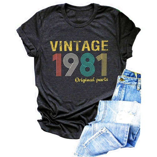 GREFLYING Vintage 1981 T Shirt Women Original Parts Letter Tees 40th Birthday Shirts for Gift Cute Birthday Party Shirt Tops