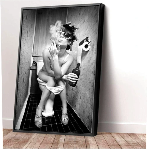 Amk Wood Woman Smoking Canvas Art Smoking Lady Sitting in A Toilet with An Alcohol Bottle Painting Prints for Bathroom Bedroom - Various Sizes (8in x 12in Modern Black Framed)