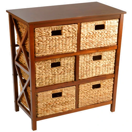 eHemco 3 Tier X-Side End Storage Cabinet with 6 Wicker Baskets, Walnut