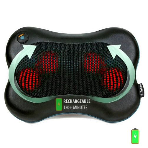 Zyllion Shiatsu Back and Neck Massager with Heat - Cordless Rechargeable 3D Kneading Deep Tissue Massage Pillow for Chair, Car, Muscle Pain Relief - Black (ZMA-13RB)