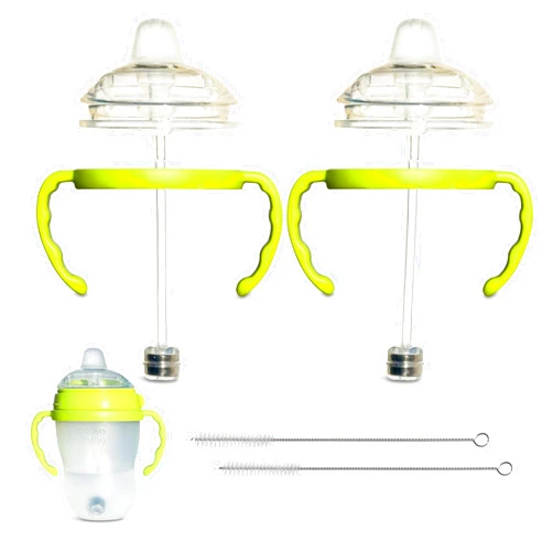 BelBeyo Sippy Cup Conversion Kit for Comotomo Baby Bottles 2-Count, Food Grade Silicone Spout Nipples, All Silicone Weighted Straw, Bottle Handles, Cleaning Brush, BPA-Free, 4+ Months (Sippy Spout, Green)