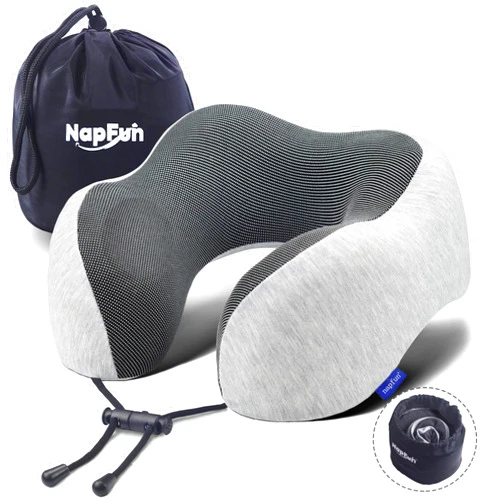 napfun Neck Pillow for Traveling, Upgraded Travel Neck Pillow for Airplane 100% Pure Memory Foam Travel Pillow for Flight Headrest Sleep, Portable Plane Accessories, Light Grey