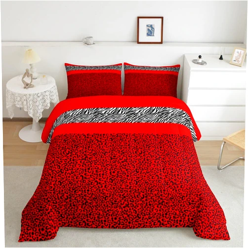 Manfei Red Leopard Kids Comforter Set Queen Size, Black White Zebra Striped Bedding Set for Boys Girls Bedroom Decor, Animal Skin Print Down Comforter, Soft Polyester Quilt Set, 2 Pillowcases