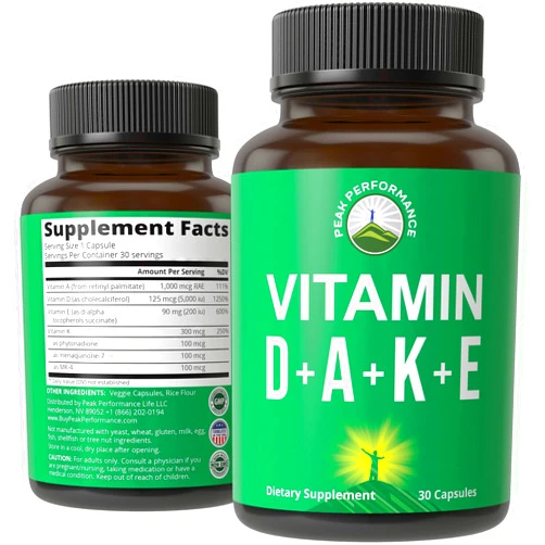 Peak Performance DAKE Vitamin Supplement. Vitamin D 5,000 iu + Vitamin A + Vitamin K + Vitamin E In 1 Vegan Capsule. ADK Vitamin Supplement With E. D3 K2. Essential Vitamins For Mood, Immune, Bone, Vision, Heart