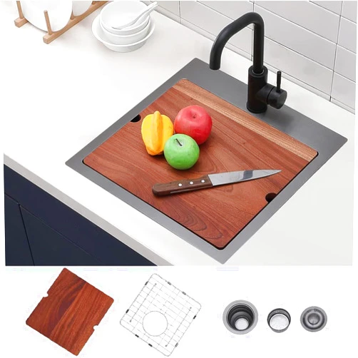 Ufaucet Balck Drop in Bar Sink, 18x18 Top Mount Small Kitchen Sink, 18 Inch Stainless Steel Wet Bar Prep Sink Topmount Single Bowl Workstation RV Sink with Cutting Board&Stainless Steel Grid&Strainer