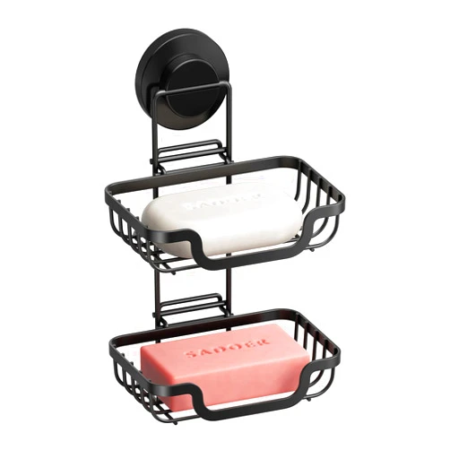 TAILI Double Layer Soap Holder, Bar Soap Dish Suction Cup for Shower Wall, Draining Saver Tray for Bathroom, Rustproof Stainless Steel Sponge Holder for Tub, Kitchen, Drill-Free, Black