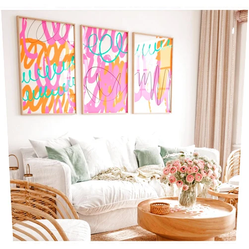 Youillne Bright Pink Pictures Wall Art Abstract Colorful Canvas Wall Decor Modern Graffiti Wall Art Preppy Line Poster Orange Trendy Prints Painting Pink Abstract Artwork for Room 12x16 Inch Unframed Set of 3