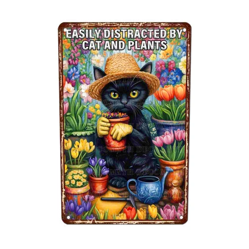 DecoMyth Cat Gardener Vintage Tin Sign Easily Distracted By Cats And Plants Purr Hedge Decor Clay Paw Planter Leafy Hideaway Gift 12 * 8inch