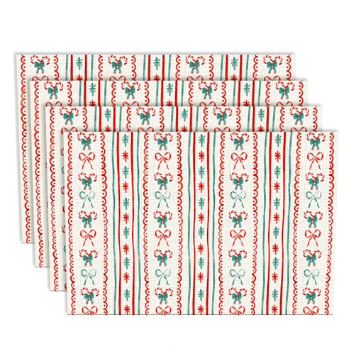 Kemingni Vintage Christmas Placemats, Red and Green Christmas Placemats, Christmas Xmas Table Mats Washable Placemat for Kitchen Dining Room Winter Holiday Party Decoration 12x18 Inch