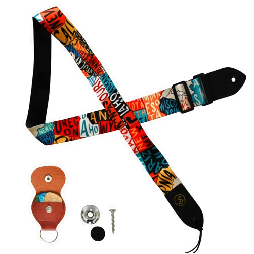 Speedee Music Embroidered Ukulele Strap Kit - 1 US Map Camo Design Ukulele Strap, 3 Guitar Picks, 1 Strap Button, 1 Pick Holder Orange Black Red Blue Yellow White