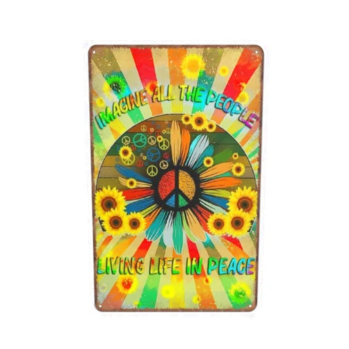 Aikeory Imagine All The People Living Life in Peace Sunflower Tin Sign, Peace Hippie Funny Metal Sign Vintage Wall Art for Kitchen Garden Bathroom Farm Home Coffee Decor, 8x12 inches