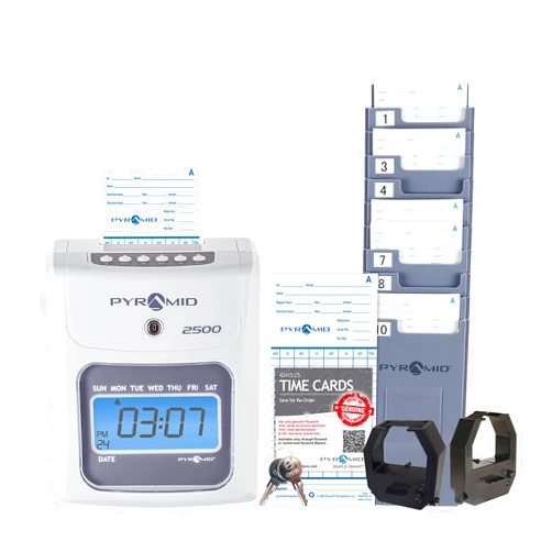 Pyramid Time Systems - Model 2500 Auto Aligning and Top Loading Time Clock [2500K1] Bundle Includes: Time Clock, 100 Time Cards, 2 Ink Ribbon cartridges, one 10 slot time card rack and 2 Security Keys