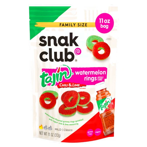 Snak Club Watermelon Rings, Tajin Chili & Lime Seasoned, Sweet and Spicy Gummy Candy, Mild in Heat Bold in Flavor, Low-Fat, Vegan, Gluten-Free Snack, Family Size, 11 Ounce
