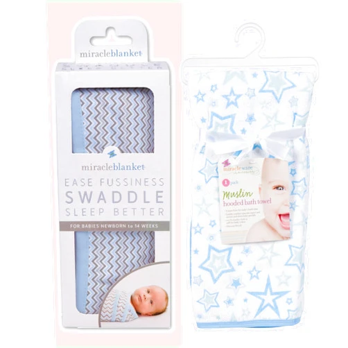 Miracle Blanket Swaddle Wrap and MiracleWare Muslin Hooded Towel Bundle (Blue Prints)