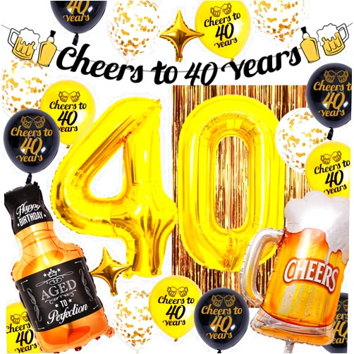 Fewoni 40th Birthday Decorations for Him, Black and Gold 40th Birthday Decorations with Banner Number 40 Balloons Curtains and Balloons