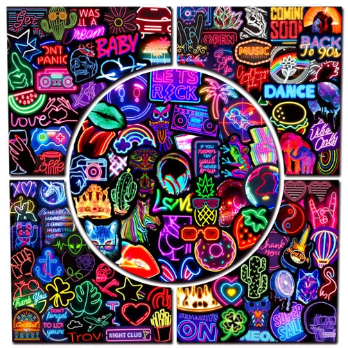 RGBEE 300Pcs Neon Stickers Waterproof Cool Anime Decals for Water Bottle Hydro Flask Kindle Journal Laptop Skateboard Car Party Supplies, Funny Vinyl Stickers for Adults
