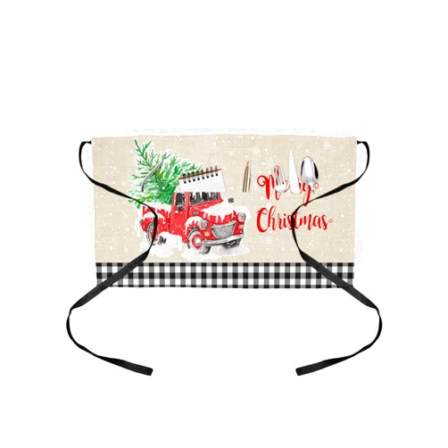 RisQiten Christmas Truck Waitress Apron for Women/Men with 3 Pockets, Black White Plaid Xmas Tree Snowflake Server Aprons Waterproof Kitchen Cooking Half Waist Apron