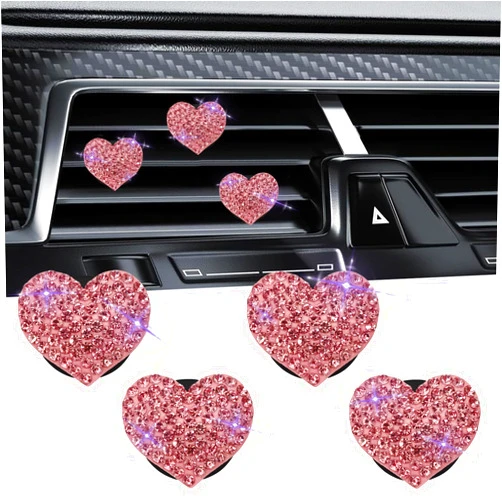 KUQUTIDY 4PCS Heart Car Vent Clips, Bling Crystal Auto Air Freshener Vent Clips, Rhinestone Air Conditioning Outlet Clip, Car Inter Decor Cute Accessories for Women Girls (Pink)